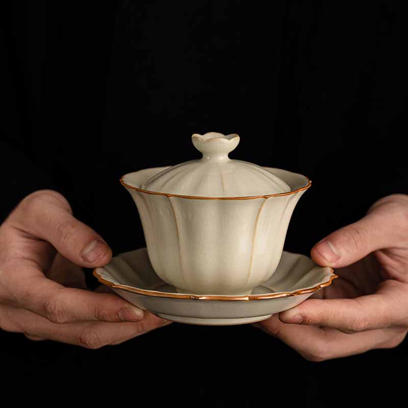 Buddha Stones, forma de flor de ciruelo Beige, rama de melocotón, taza de té de cerámica Gaiwan Sancai, taza de té de Kung Fu con tapa