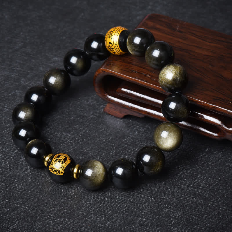 Pulsera de protección de la riqueza de obsidiana con brillo dorado del Buda Natal del zodíaco chino