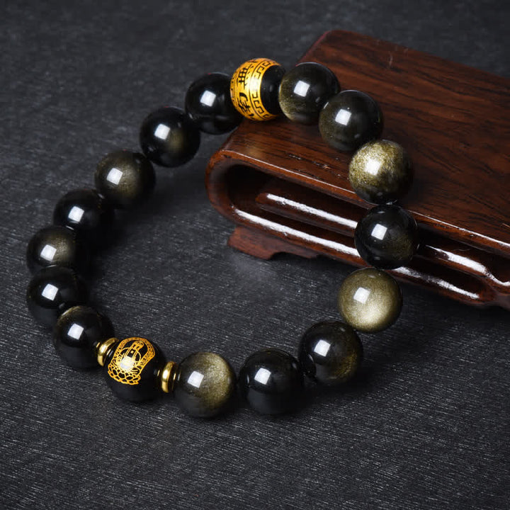 Pulsera de protección de la riqueza de obsidiana con brillo dorado del Buda Natal del zodíaco chino