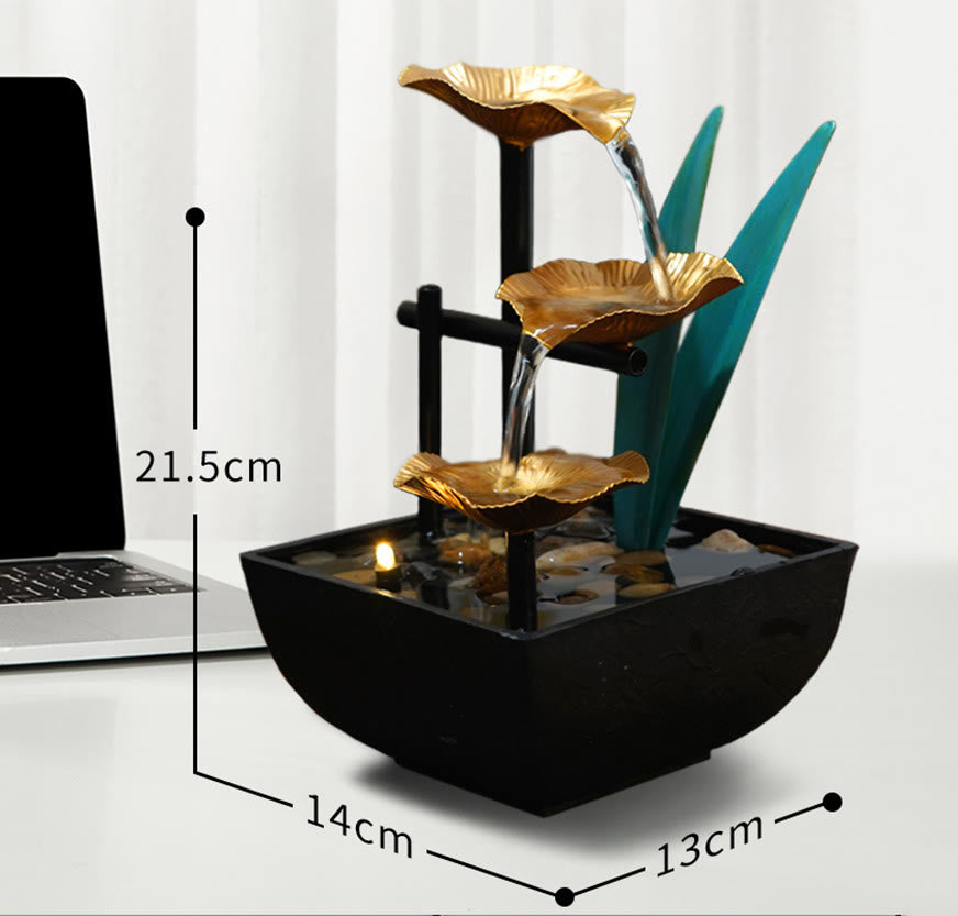 Adornos de loto de mesa de fuente de cascada de tres capas con decoración de escritorio de rocas de río