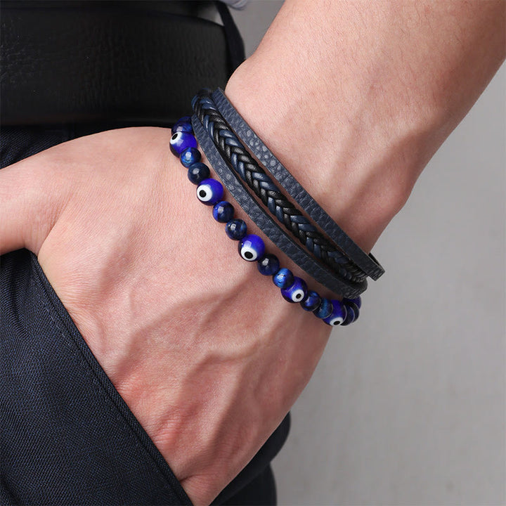 Pulsera trenzada multicapa con cuentas de protección de ojo de tigre de ojo malvado de Buddha Stones