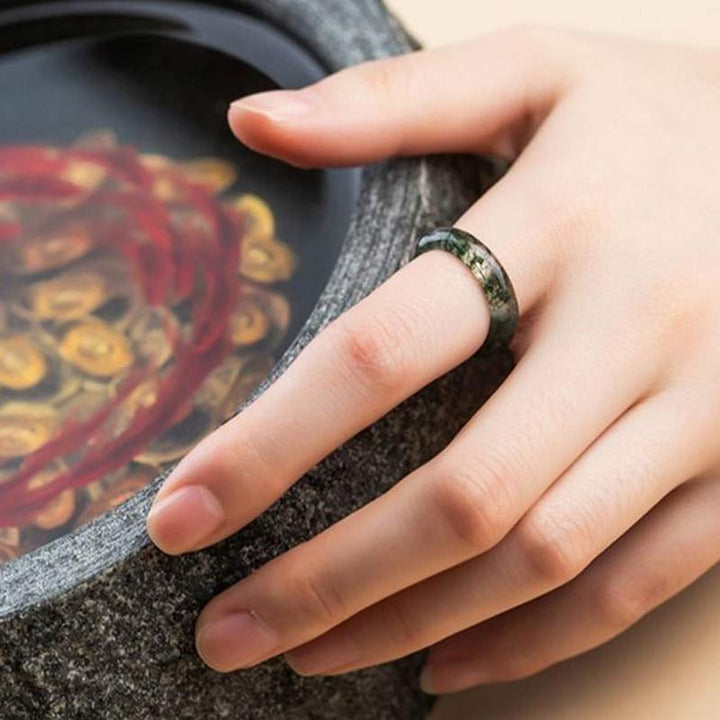 Anillo de equilibrio curativo con ágata musgo y Buddha Stones