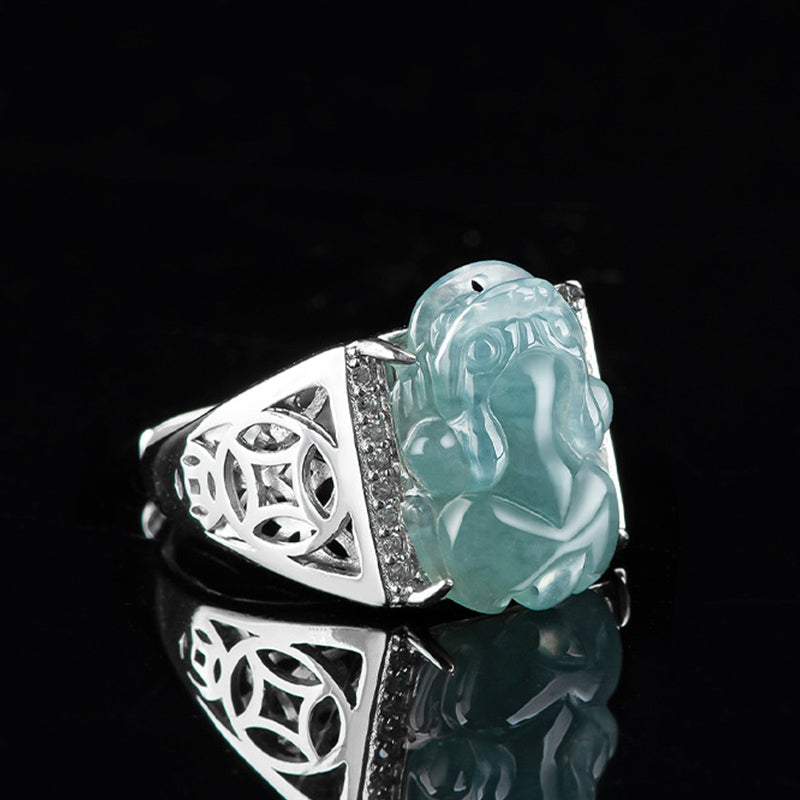 Buddha Stones Plata de Ley 925 Fengshui Riqueza Prosperidad Jade PiXiu Anillo de Suerte