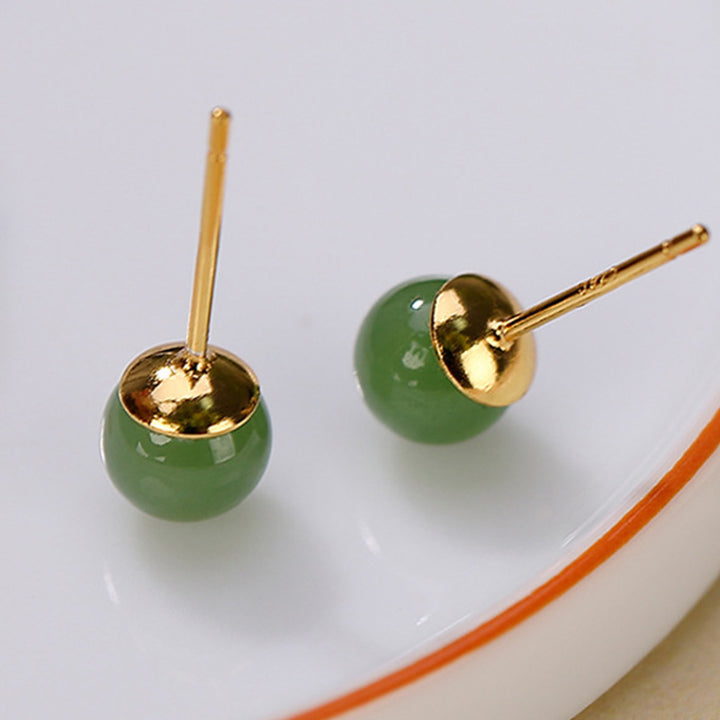 Pendientes de tuerca de plata de ley 925 con Buddha Stones , redondos, jade cian curativo y tranquilo