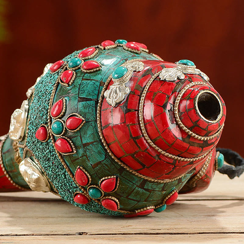 Tibetano hecho a mano Shankha Om Mani Padme Hum Buda Avalokitesvara turquesa Concha decoración positiva