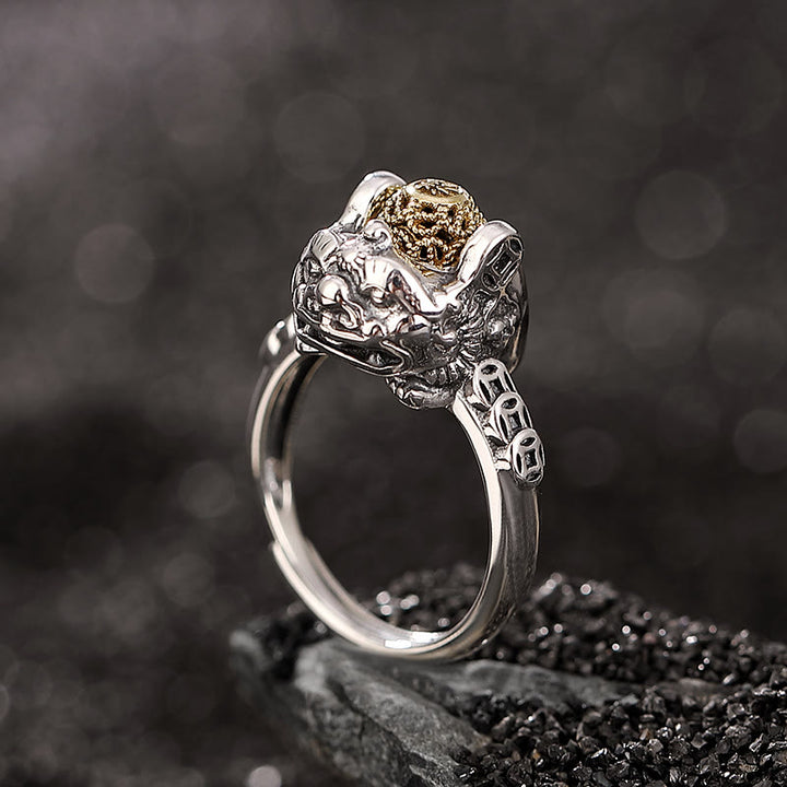 Anillo ajustable de plata de ley 925 con Buddha Stones PiXiu, moneda de cobre, riqueza