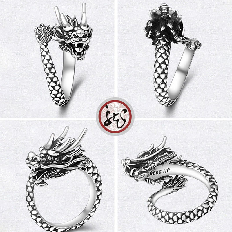 Anillo ajustable de plata de ley 990 con Buddha Stones , diseño de dragón vintage, protección de la suerte y fuerza
