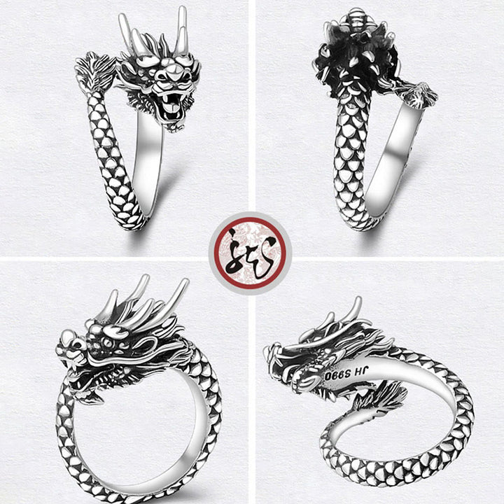 Anillo ajustable de plata de ley 990 con Buddha Stones , diseño de dragón vintage, protección de la suerte y fuerza
