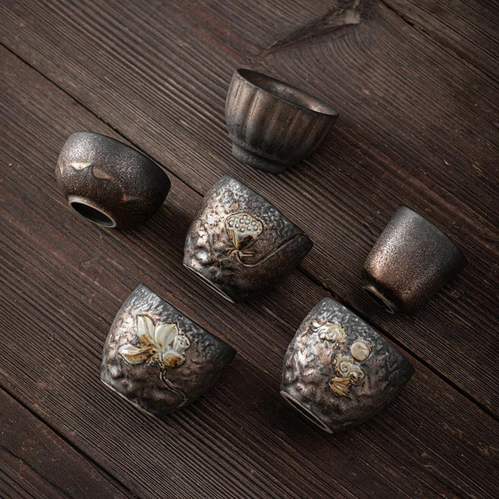 Taza de té de cerámica con Buddha Stones, hoja de vaina de loto, flor, nubes propicias, taza de té de Kung Fu