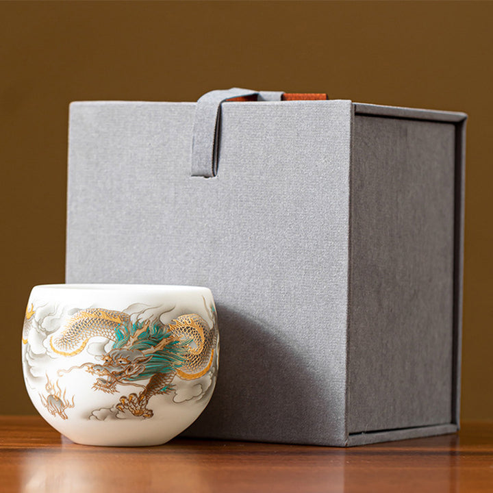 Taza de té de cerámica con caja de regalo, tazas de té de Kung Fu con Buddha Stones , dragón, Fénix, nubes propicias