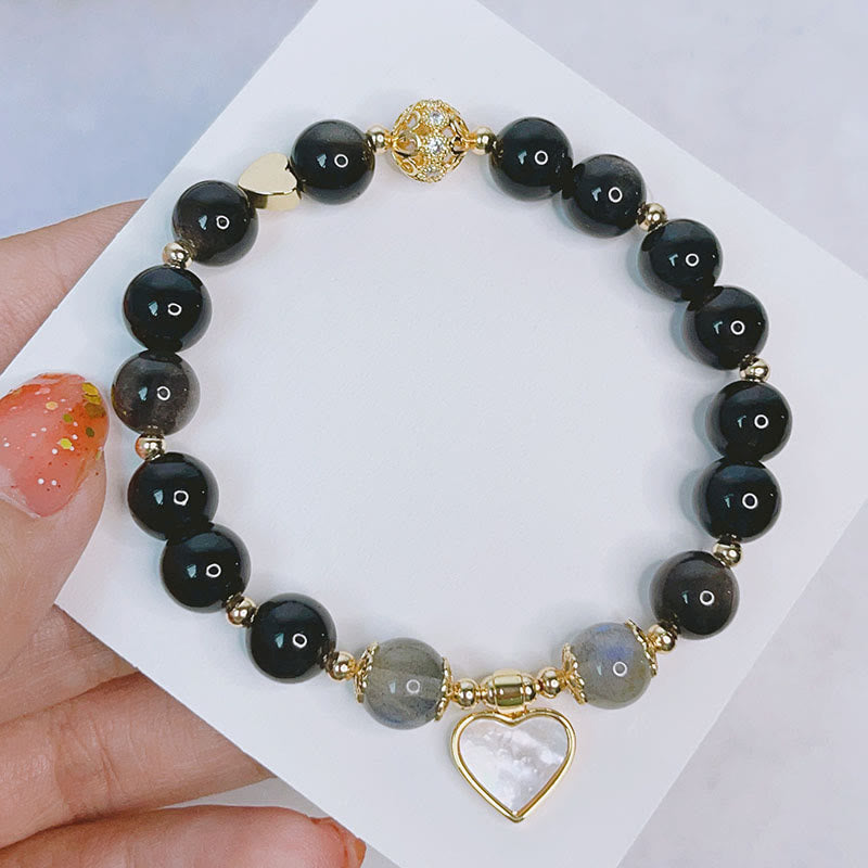 Pulsera de protección de flor de estrella de corazón de amor de obsidiana con brillo de plata natural de Buddha Stones