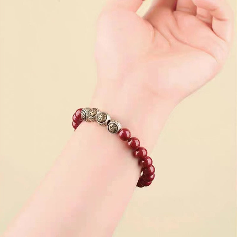 Pulsera de bendición de las cuatro bestias con cinabrio natural de plata de ley 925 con Buddha Stones