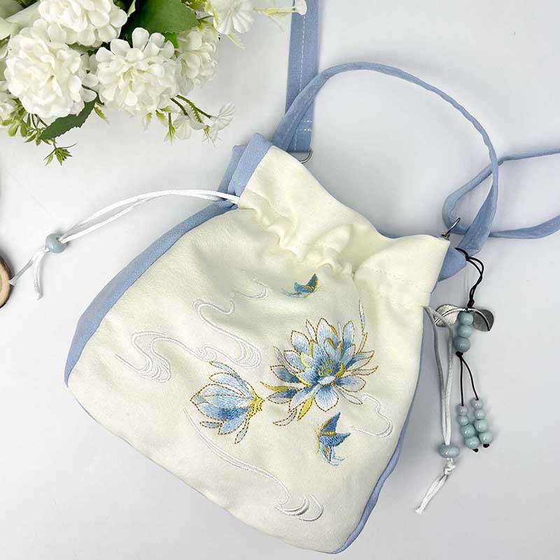 Bolso bandolera con Buddha Stones, bordado, mariposa, loto, magnolia, algodón y lino