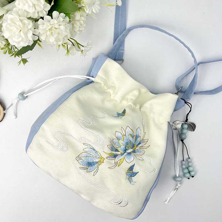 Bolso bandolera con Buddha Stones, bordado, mariposa, loto, magnolia, algodón y lino