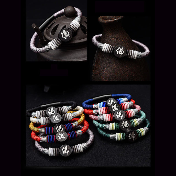Pulsera de cuerda hecha a mano de ébano con personaje de Buda de Buddha Stones