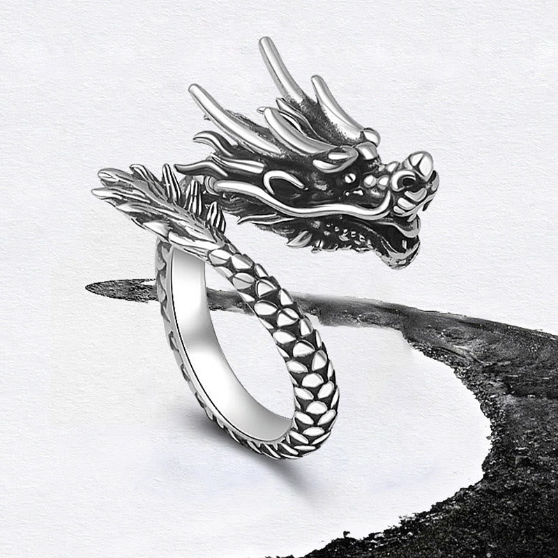 Anillo ajustable de plata de ley 990 con Buddha Stones , diseño de dragón vintage, protección de la suerte y fuerza