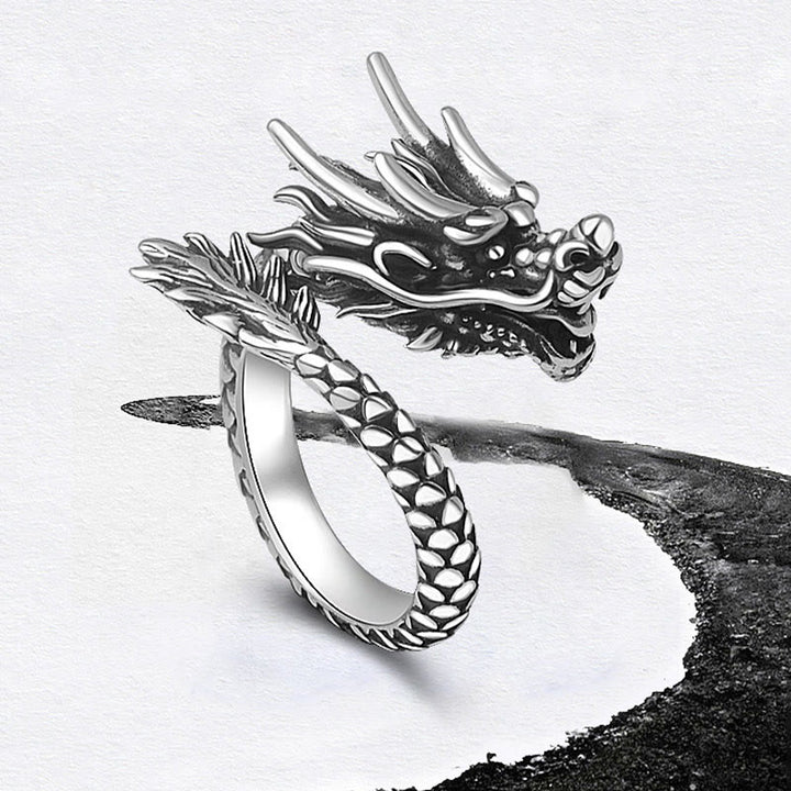 Anillo ajustable de plata de ley 990 con Buddha Stones , diseño de dragón vintage, protección de la suerte y fuerza