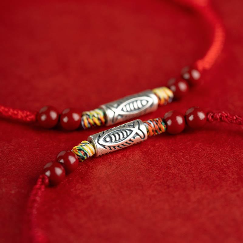Pulsera tobillera trenzada hecha a mano con cuentas de cinabrio y pez Koi de plata de ley 925 con Buddha Stones