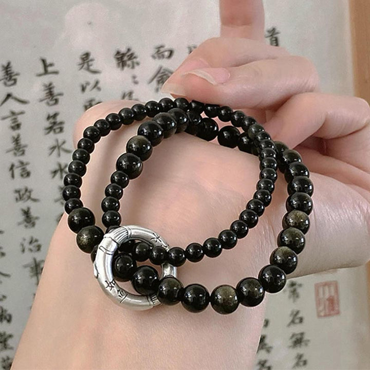 Pulsera de doble capa de obsidiana negra de plata de ley 999 con Buddha Stones