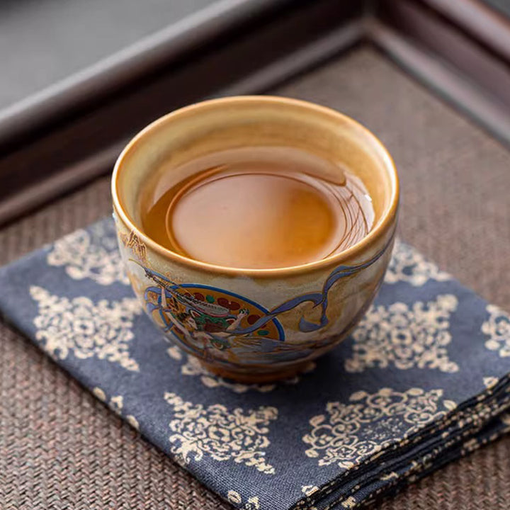 Taza de té de cerámica Gaiwan Sancai de Dunhuang Flying Apsaras con Buddha Stones, taza de té de Kung Fu con tapa