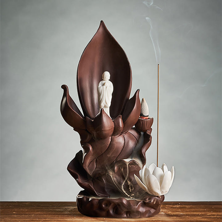 Quemador de incienso de arcilla púrpura, iluminación, Buddha Stones de loto, Avalokitesvara, decoración