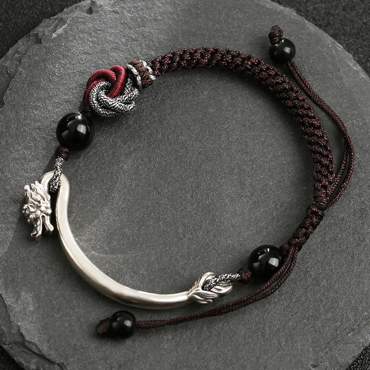 Pulsera trenzada hecha a mano con diseño de dragón auspicioso de plata de ley 925 con Buddha Stones