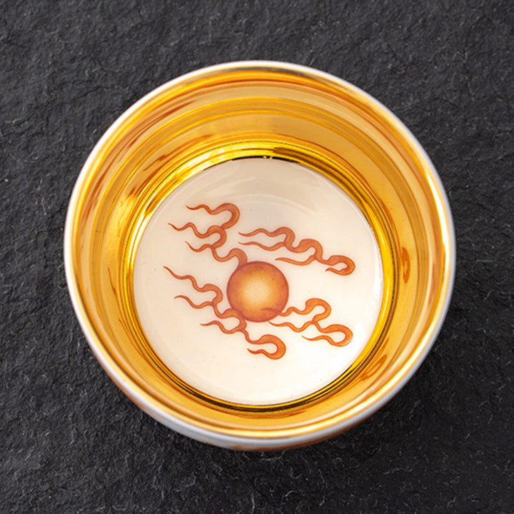 Buddha Stones Dragón Fénix Grulla Sol Océano Olas Taza de té de cerámica dorada Taza de té de Kung Fu 170 ml