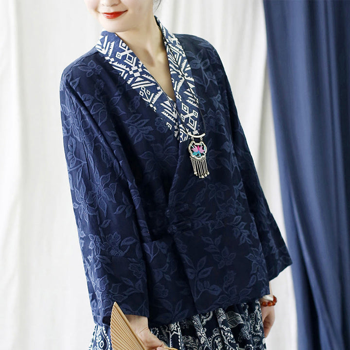 Chaqueta de manga larga con cuello en V y jacquard floral con Buddha Stones