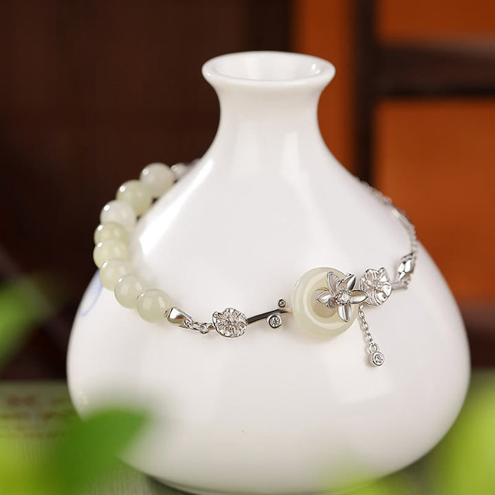 Pulsera de cadena de la suerte de loto con hebilla de la paz de jade hetiano de plata de ley 925 con Buddha Stones