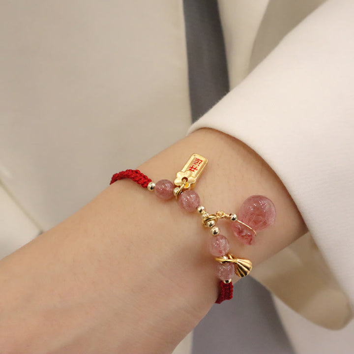 Pulsera trenzada de hilo rojo con Buddha Stones, bolsa de dinero de cuarzo fresa Natural, amuleto curativo de loto