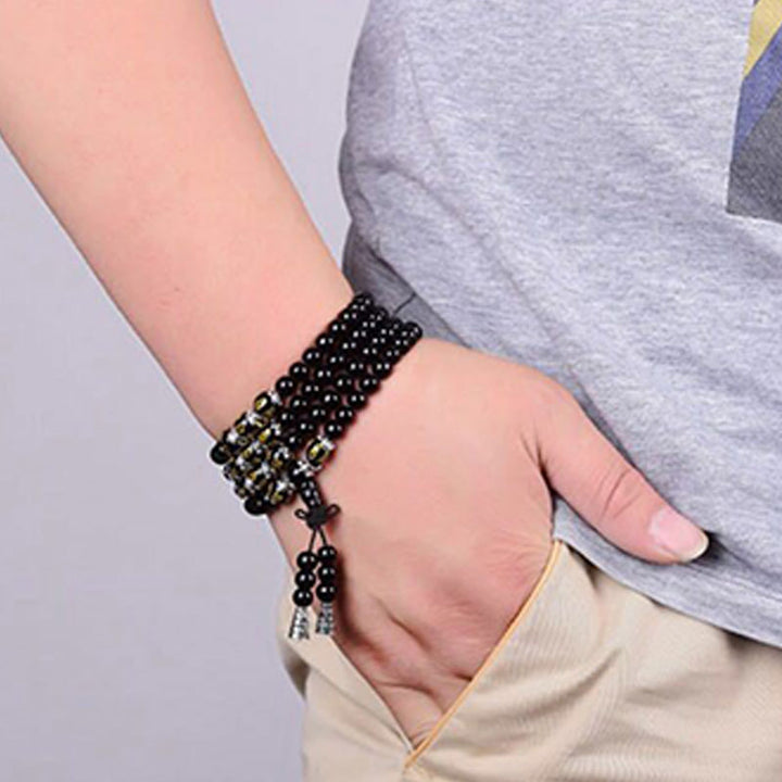 Pulsera Mala de protección con seis palabras verdaderas de obsidiana negra con Buddha Stones