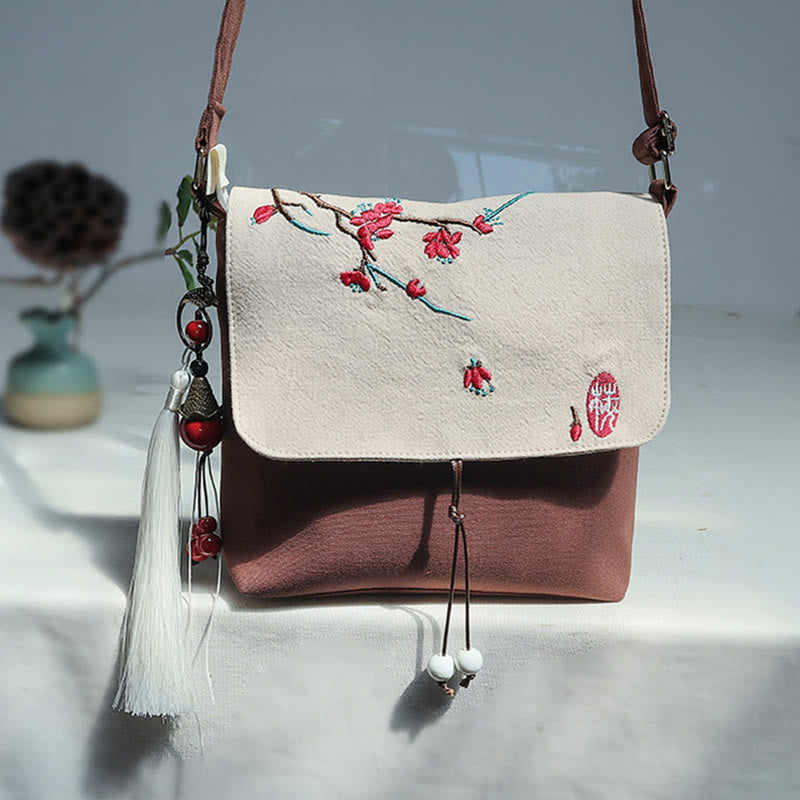 Bolso bandolera de lona con flores de ciruelo bordadas hechas a mano con Buddha Stones