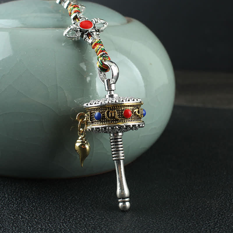 Rueda de oración Tíbet Om Mani Padme Hum, bolsa giratoria de paz, decoración colgante para coche