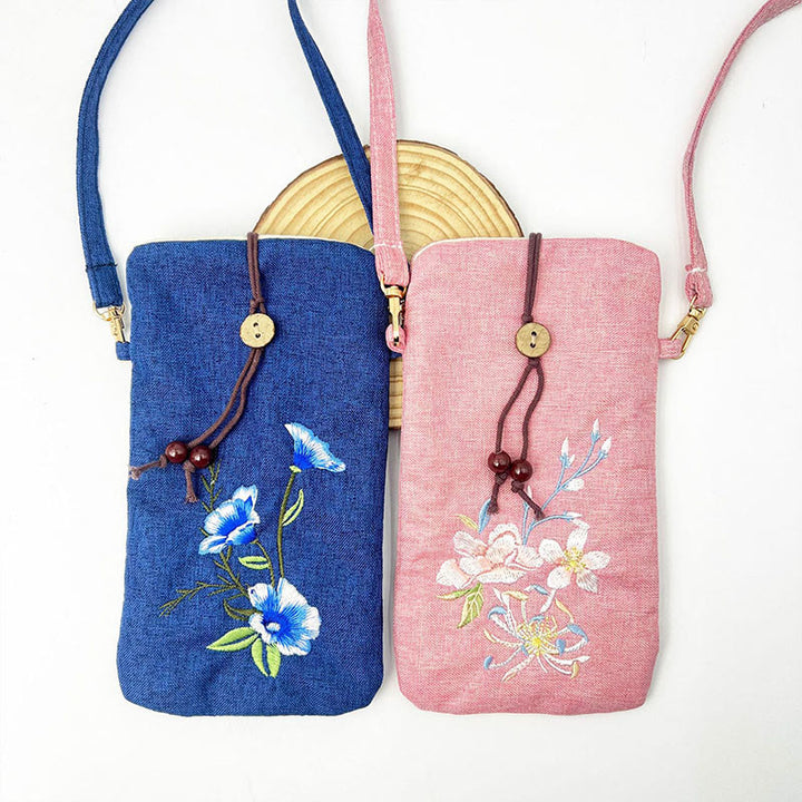 Buddha Stones, pequeñas flores bordadas, bolso de hombro, bolso para teléfono móvil, 11*20cm