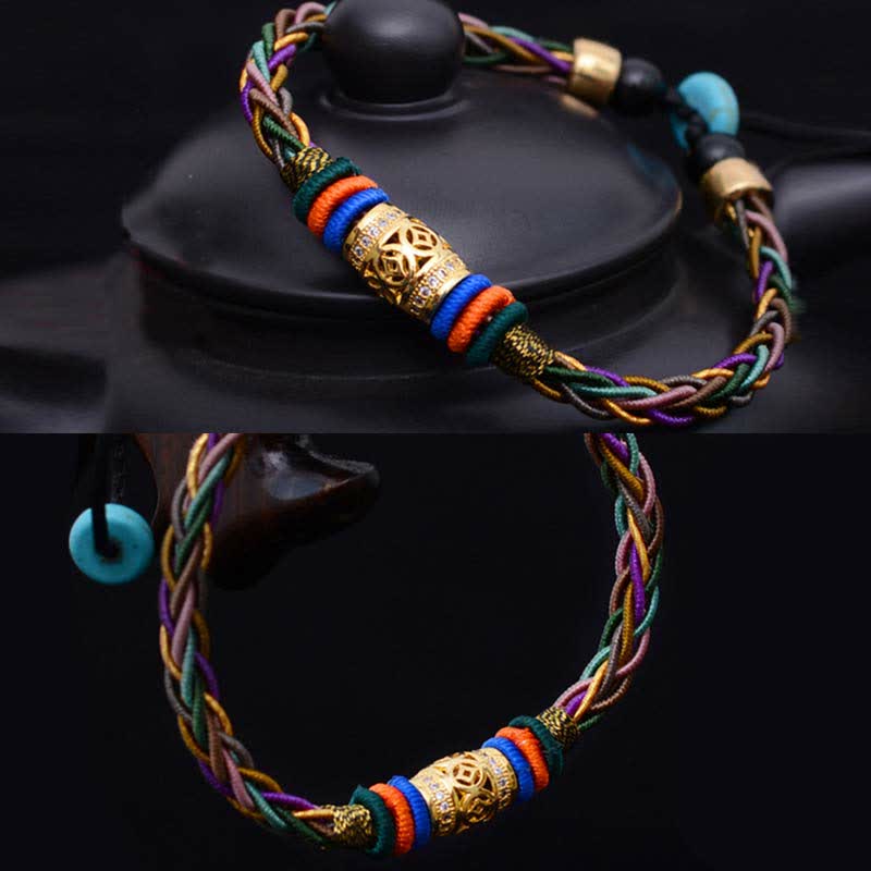 Pulsera de cuerda tejida con moneda de cobre hecha a mano con nudo de ocho hilos, Buddha Stones tibetanas
