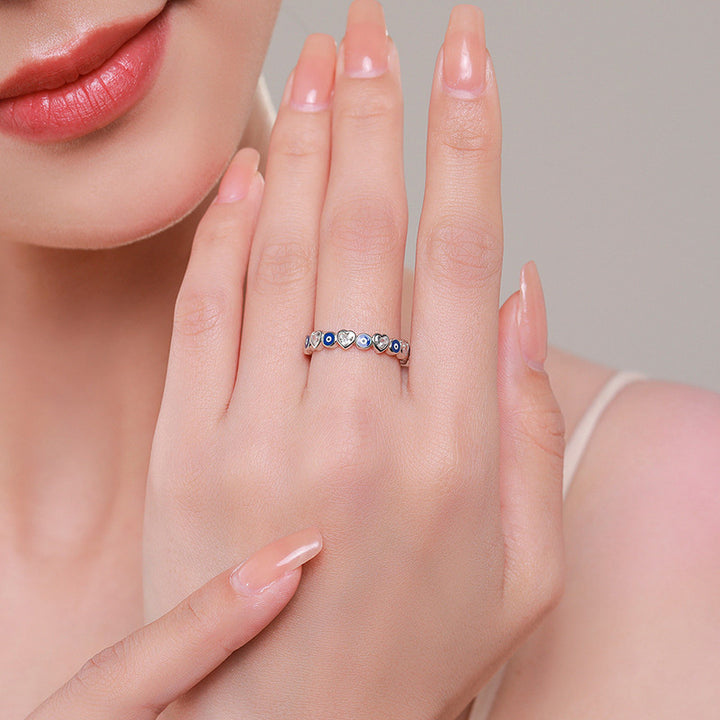 Anillo de bendición de circonita con forma de corazón de amor y mal de ojo de plata de ley 925 con Buddha Stones