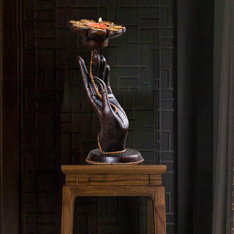Candelabro de madera con diseño de mano de Buddha Stones , decoración para el hogar