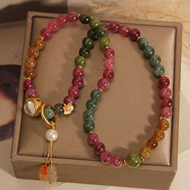 Pulsera con dije de calabaza de doble vuelta positiva con turmalina multicolor y Buddha Stones