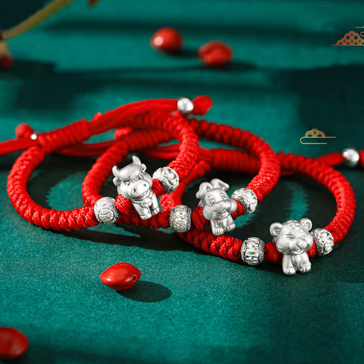 Pulsera para niños hecha a mano con cuerda roja del zodíaco chino de plata de ley 999 con Buddha Stones
