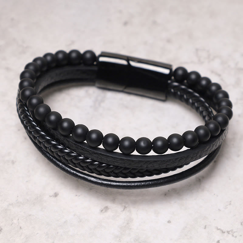 Pulsera de cuero con cuentas de ónix negro y roca de lava natural con Buddha Stones