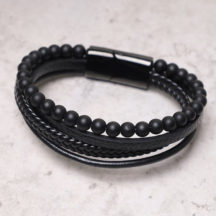 Pulsera de cuero con cuentas de ónix negro y roca de lava natural con Buddha Stones