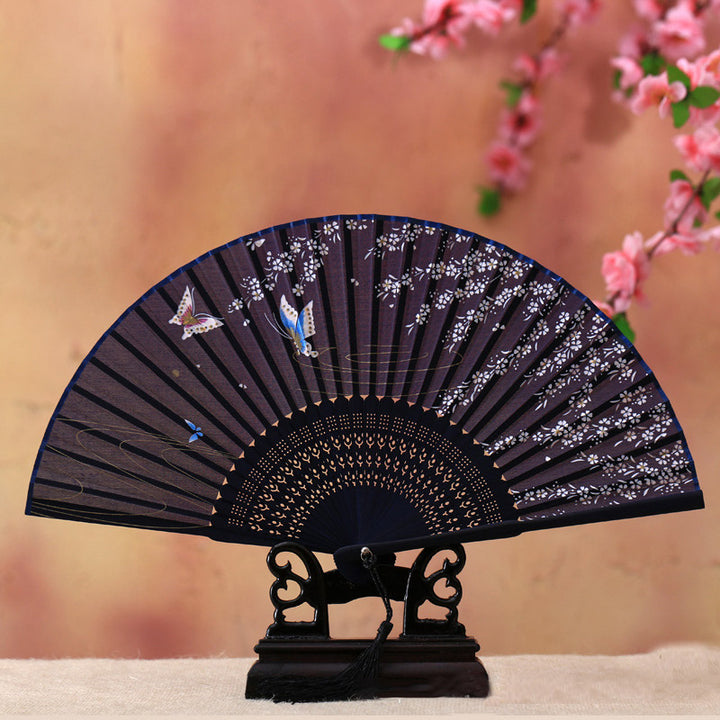 Abanico plegable de bambú con Buddha Stones, flor de cerezo, lirio, mariposa, bambú, 21cm