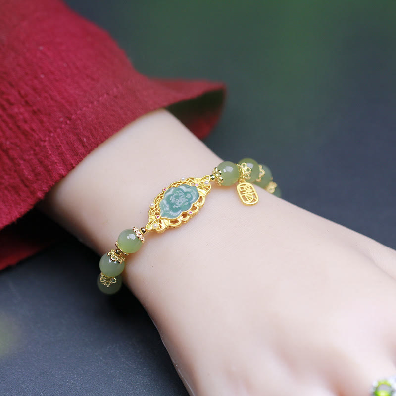 Pulsera de la suerte de loto de jade hetiano de plata de ley 925 chapada en oro de 14 quilates