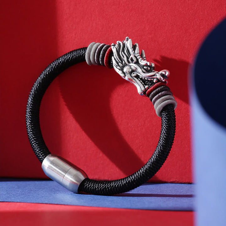 Pulsera trenzada hecha a mano para niños y adultos con diseño de dragón de plata de ley 999 con Buddha Stones