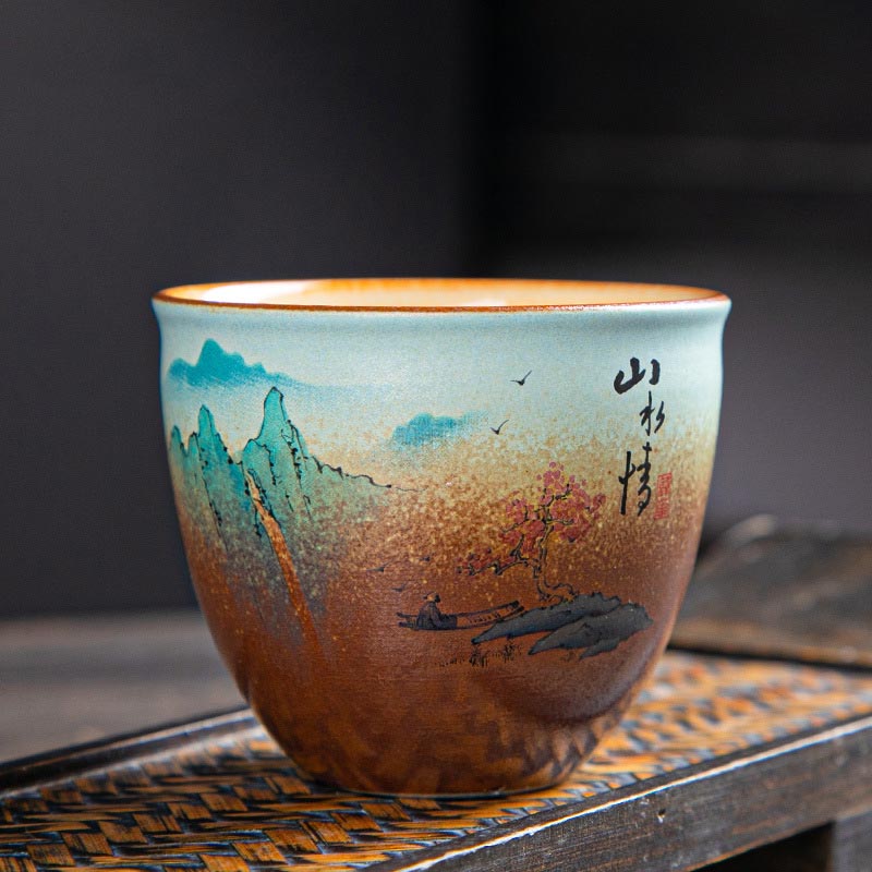 Buddha Stones, ciervo colorido, Pipa, nieve, flores de ciruelo, montañas, ríos, pájaro, taza de té de cerámica, tazón de té de Kung Fu