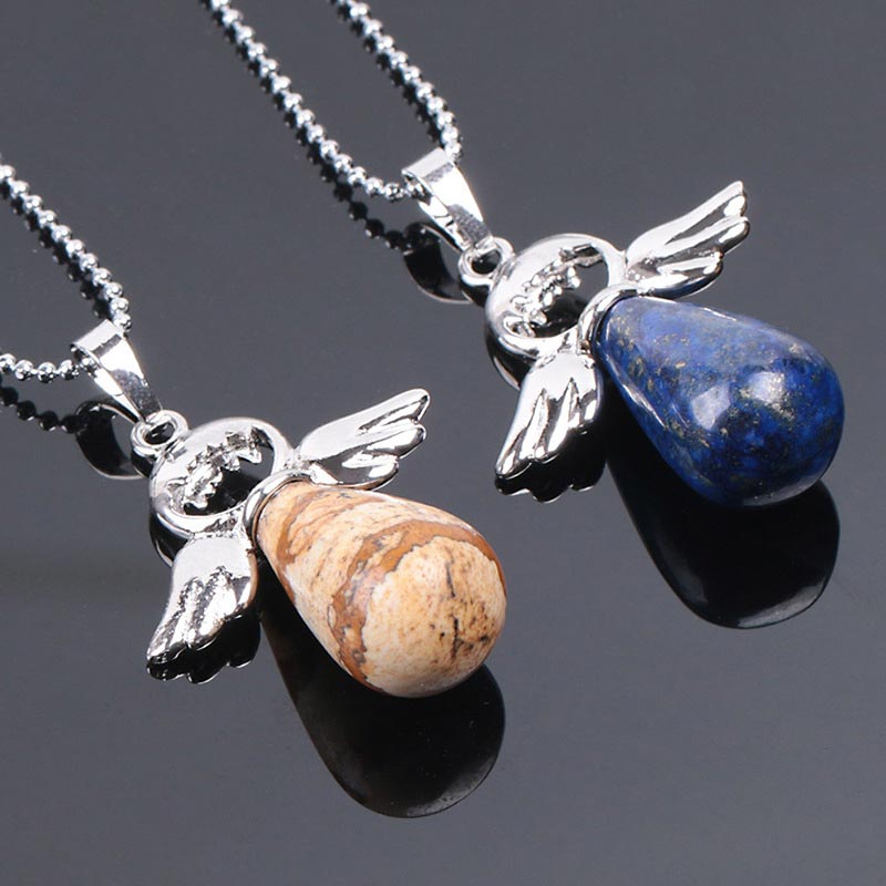 Colgante de collar de suerte de cristal natural con alas de ángel de Buddha Stones