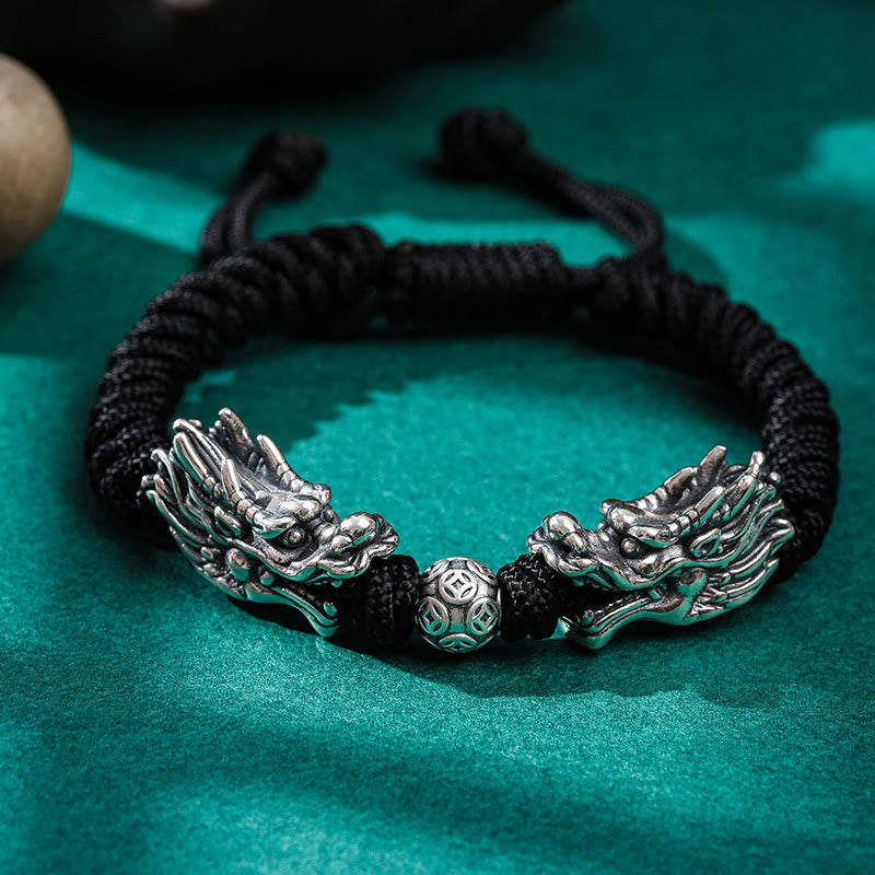 Pulsera trenzada hecha a mano con doble suerte de dragón de plata de ley 999 con Buddha Stones