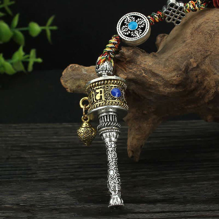 Rueda de oración Tíbet Om Mani Padme Hum, bolsa giratoria de paz, decoración colgante para coche