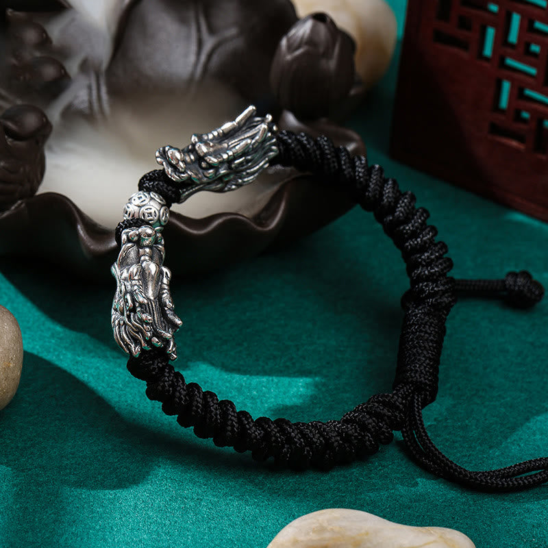 Pulsera trenzada hecha a mano con doble suerte de dragón de plata de ley 999 con Buddha Stones