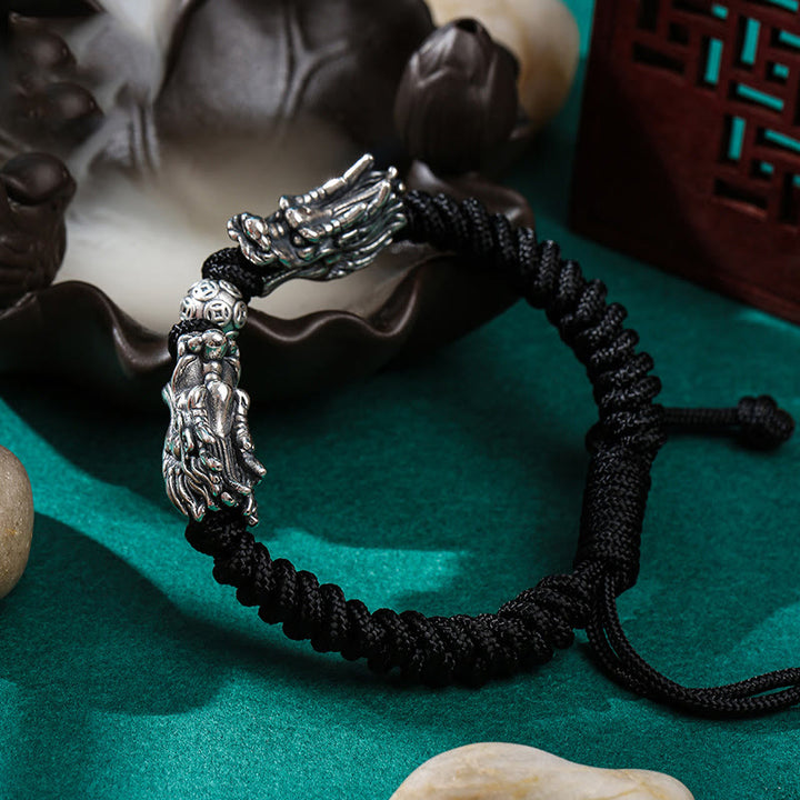 Pulsera trenzada hecha a mano con doble suerte de dragón de plata de ley 999 con Buddha Stones